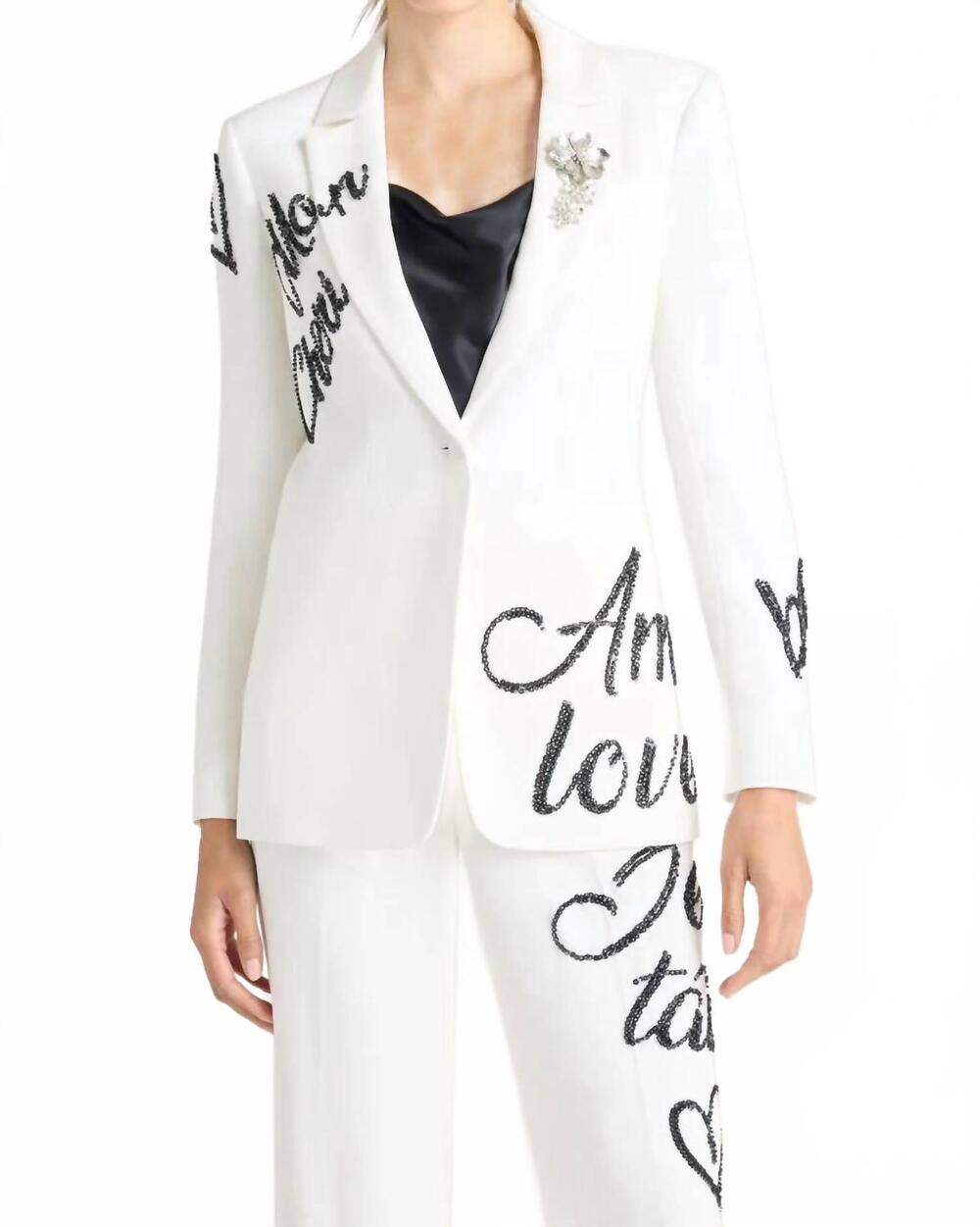 NEW CINQ A SEPT crushed sequin loveletter karlie blazer in white